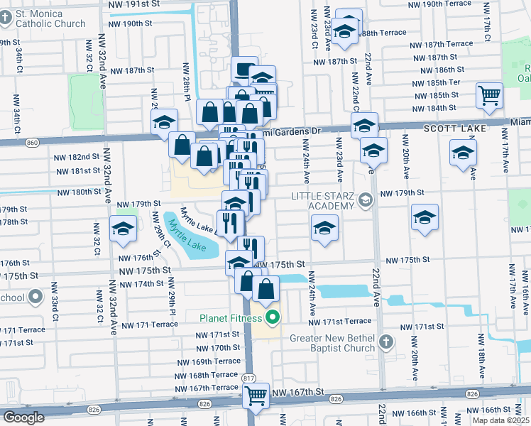 map of restaurants, bars, coffee shops, grocery stores, and more near 17800 Northwest 25th Avenue in Miami Gardens