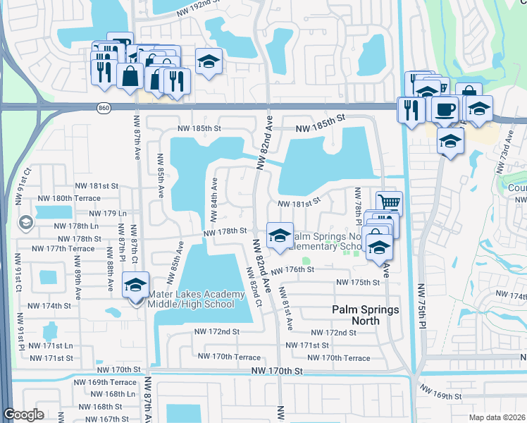 map of restaurants, bars, coffee shops, grocery stores, and more near 17845 Northwest 81st Court in Hialeah