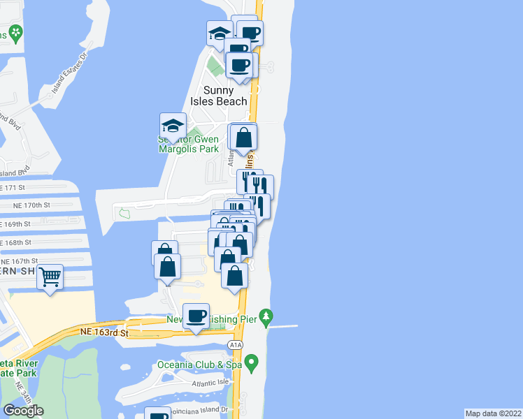 map of restaurants, bars, coffee shops, grocery stores, and more near 17315 Collins Avenue in Sunny Isles Beach