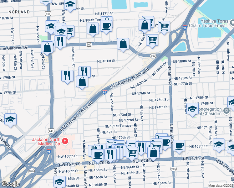 map of restaurants, bars, coffee shops, grocery stores, and more near 235 Northeast 175th Terrace in North Miami Beach