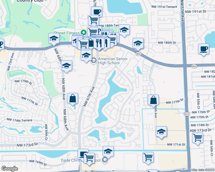 map of restaurants, bars, coffee shops, grocery stores, and more near 17931 Northwest 66th Court in Hialeah