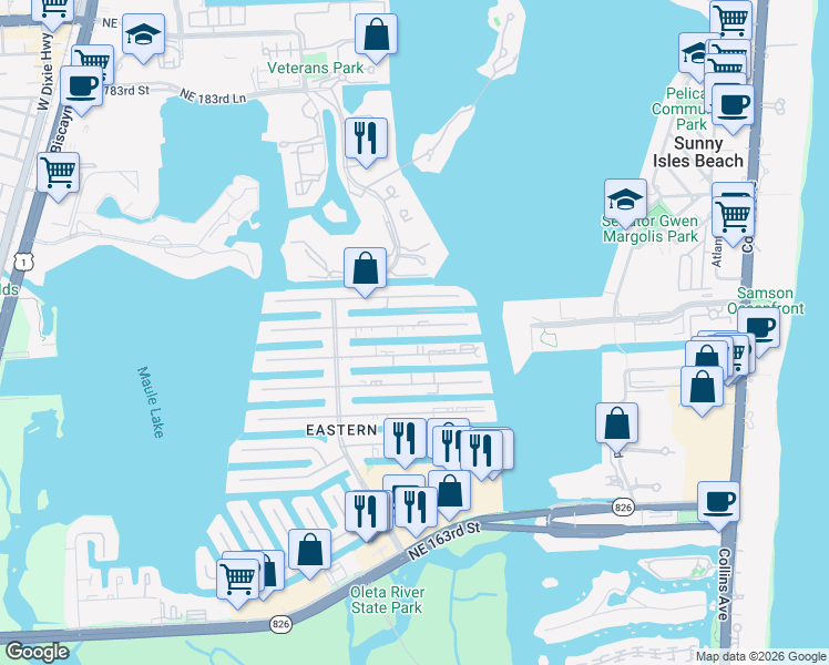 map of restaurants, bars, coffee shops, grocery stores, and more near 3750 Northeast 170th Street in North Miami Beach