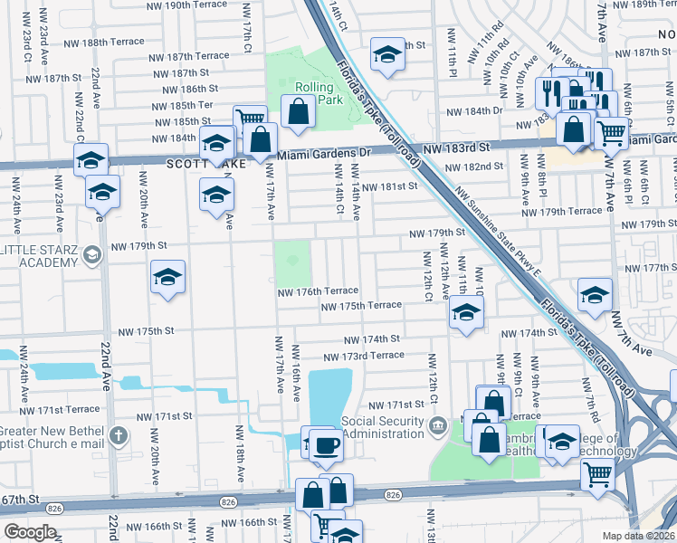 map of restaurants, bars, coffee shops, grocery stores, and more near 17720 Northwest 14th Court in Miami