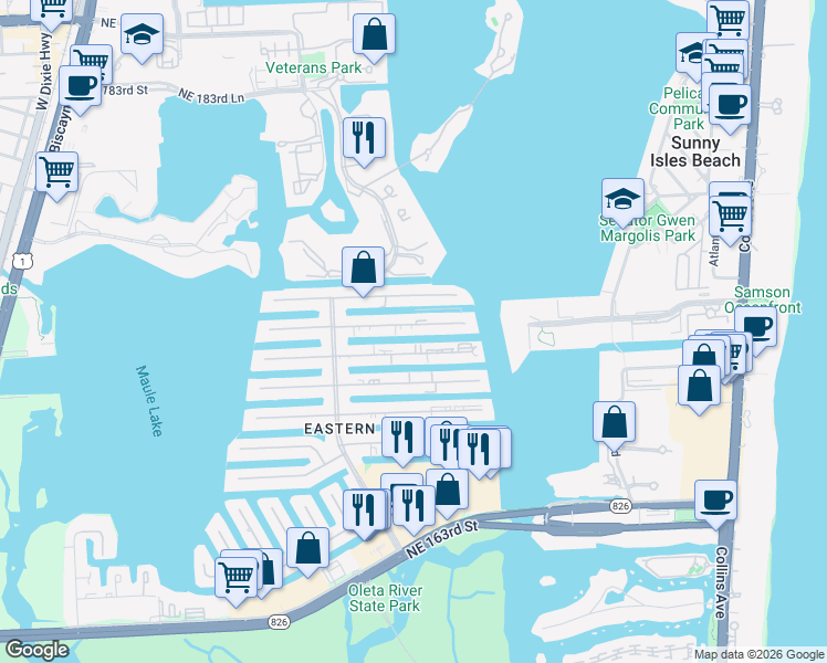 map of restaurants, bars, coffee shops, grocery stores, and more near 3750 Northeast 170th Street in North Miami Beach