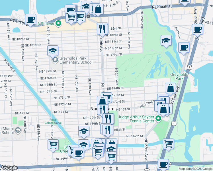map of restaurants, bars, coffee shops, grocery stores, and more near 1949 Northeast 174th Street in North Miami Beach
