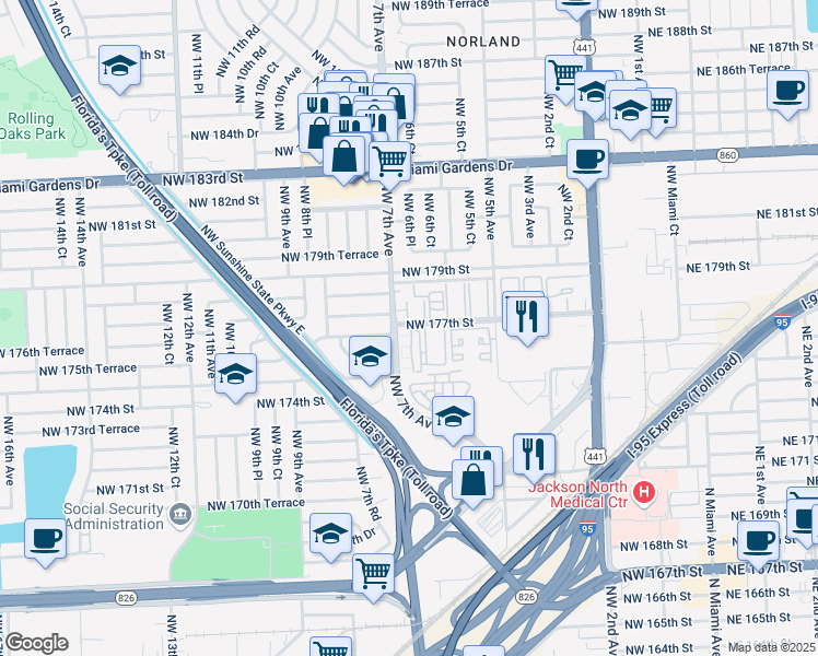 map of restaurants, bars, coffee shops, grocery stores, and more near in Miami Gardens