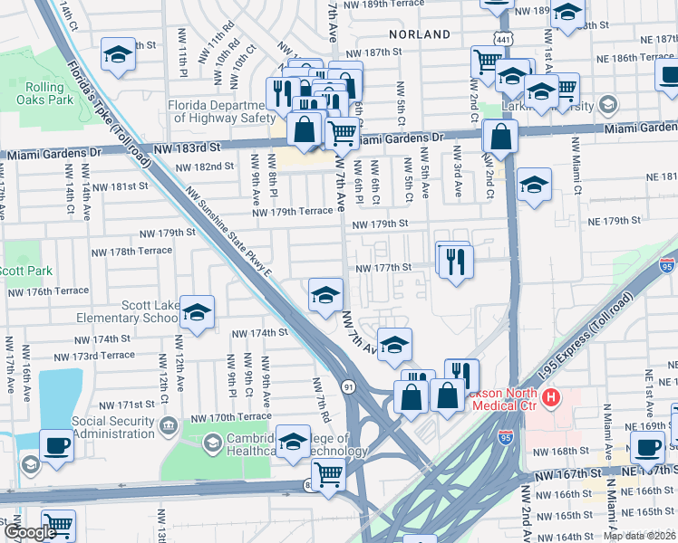map of restaurants, bars, coffee shops, grocery stores, and more near in Miami Gardens