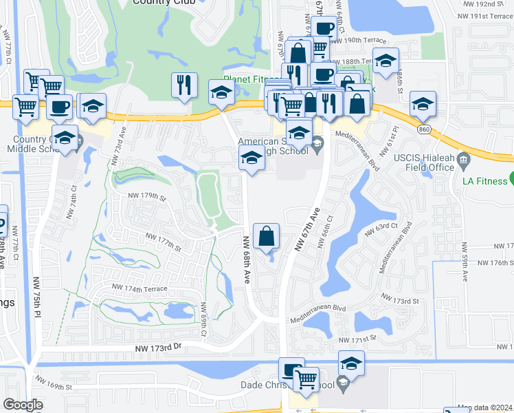 map of restaurants, bars, coffee shops, grocery stores, and more near 17911 Northwest 68th Avenue in Hialeah