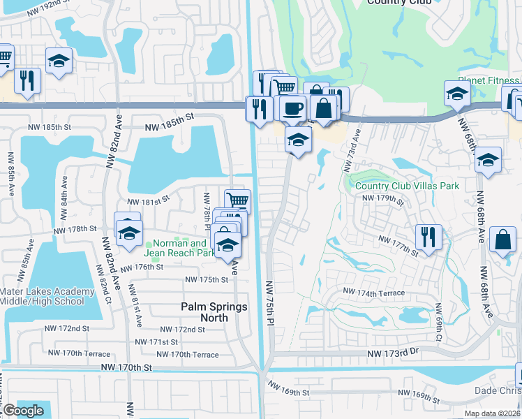 map of restaurants, bars, coffee shops, grocery stores, and more near 7668 Northwest 179th Terrace in Hialeah