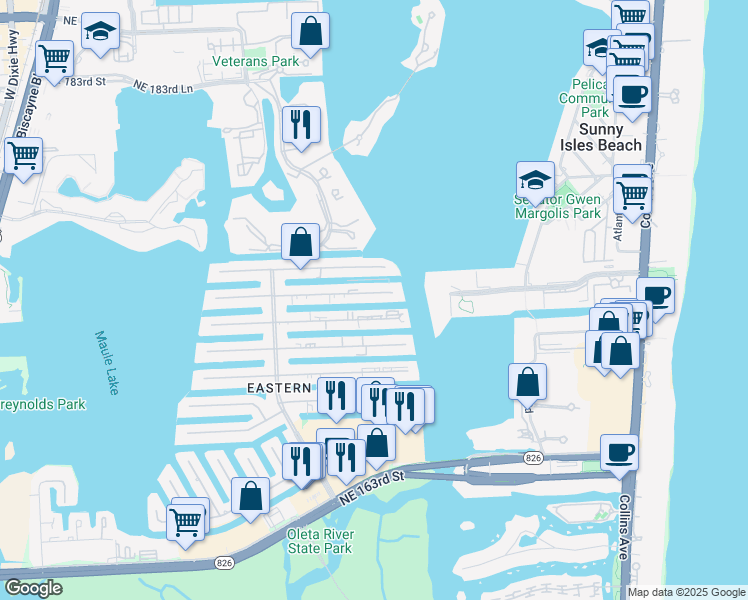 map of restaurants, bars, coffee shops, grocery stores, and more near 3860 Northeast 170th Street in North Miami Beach