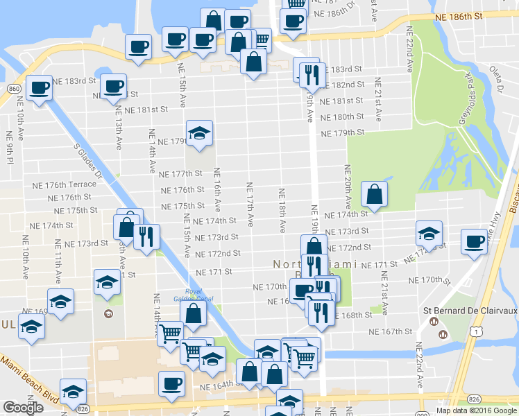 map of restaurants, bars, coffee shops, grocery stores, and more near 1724 Northeast 175th Street in North Miami Beach