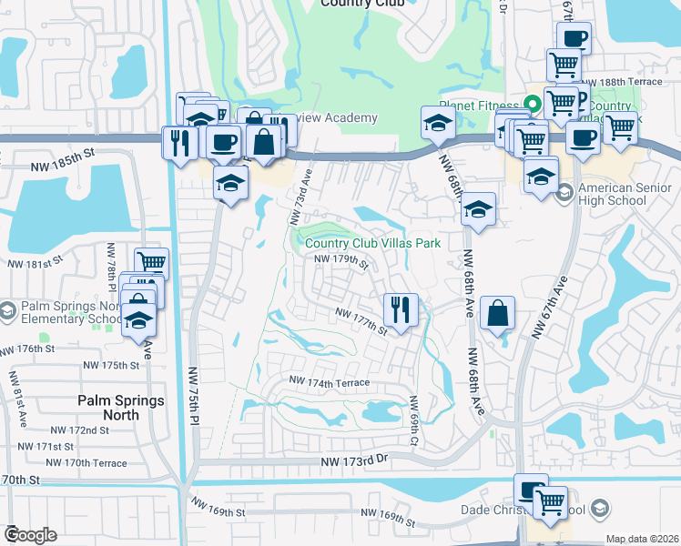 map of restaurants, bars, coffee shops, grocery stores, and more near 7080 Northwest 179th Street in Hialeah