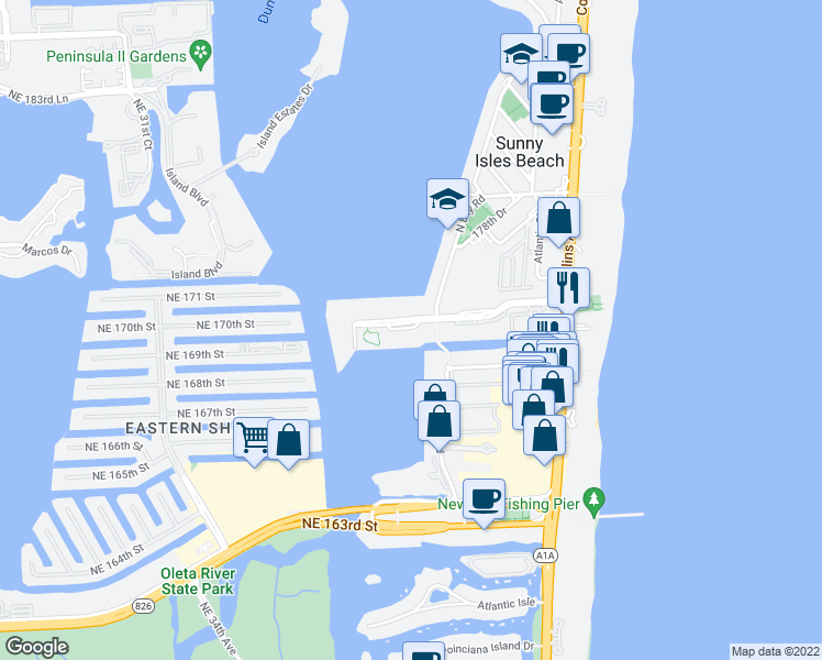 map of restaurants, bars, coffee shops, grocery stores, and more near 270 174th Street in Sunny Isles Beach