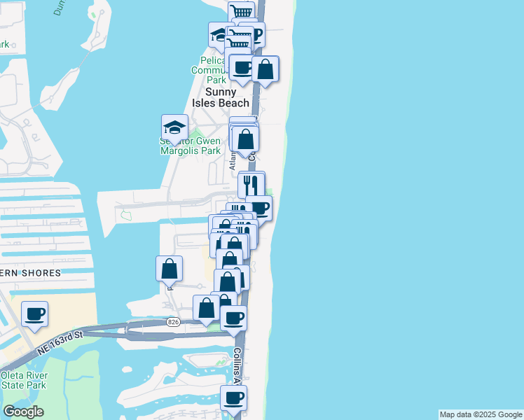 map of restaurants, bars, coffee shops, grocery stores, and more near 17315 Collins Avenue in Sunny Isles Beach