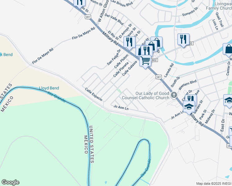 map of restaurants, bars, coffee shops, grocery stores, and more near 1529 Calle Espacio in Brownsville