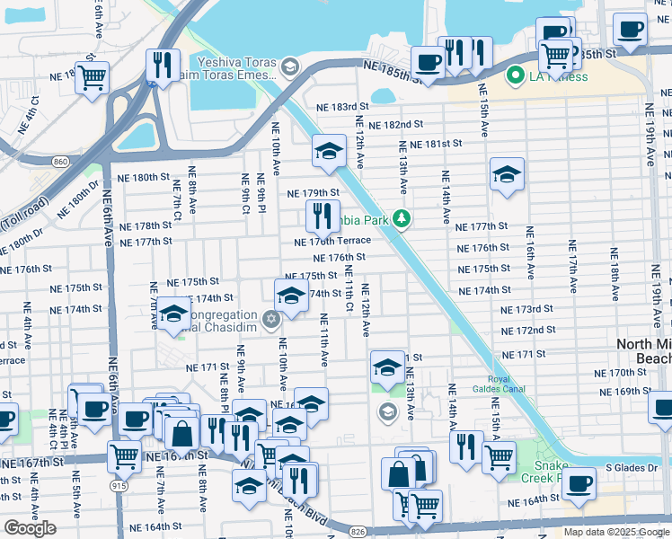 map of restaurants, bars, coffee shops, grocery stores, and more near 1121 Northeast 175th Street in North Miami Beach