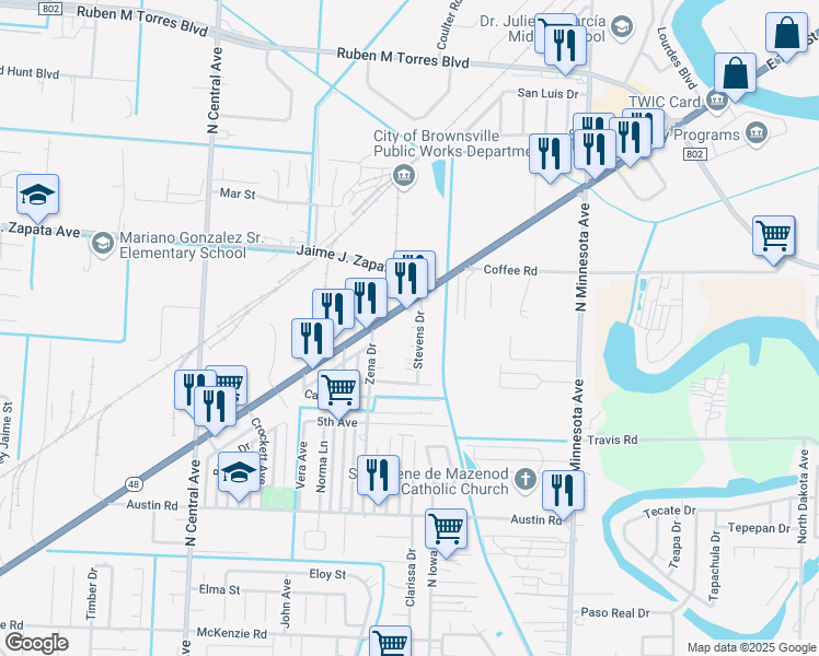 map of restaurants, bars, coffee shops, grocery stores, and more near 28 Stevens Drive in Brownsville
