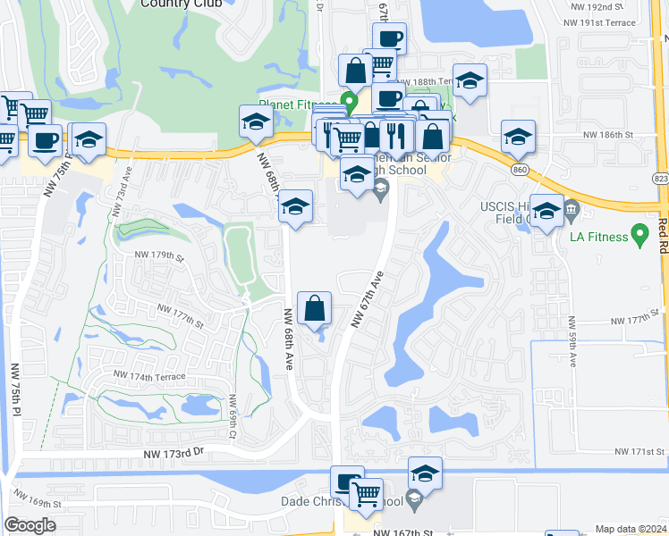 map of restaurants, bars, coffee shops, grocery stores, and more near 17990 Northwest 67th Circle in Hialeah