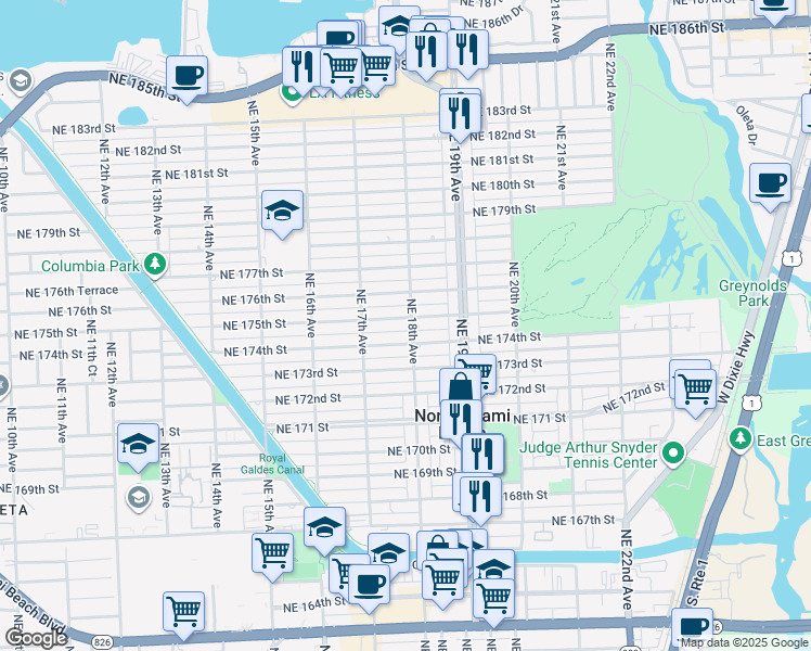 map of restaurants, bars, coffee shops, grocery stores, and more near 1798 Northeast 175th Street in North Miami Beach