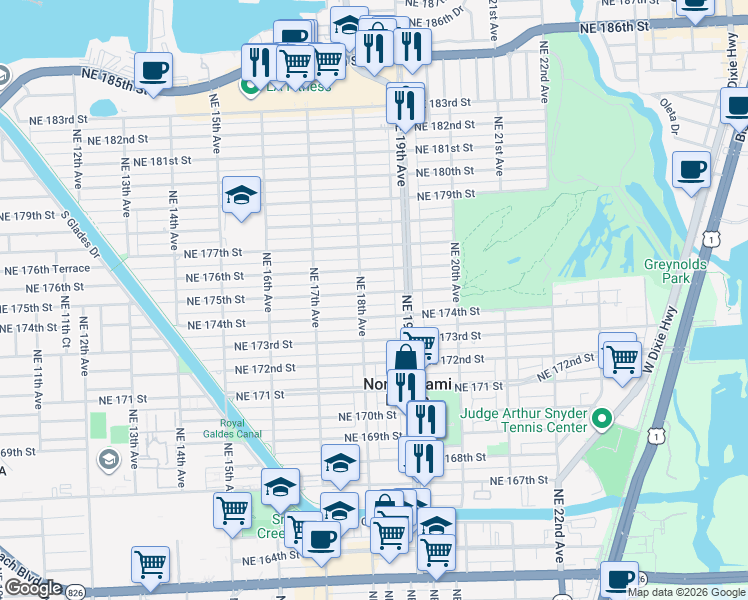 map of restaurants, bars, coffee shops, grocery stores, and more near 1798 Northeast 175th Street in North Miami Beach