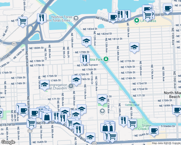 map of restaurants, bars, coffee shops, grocery stores, and more near 1121 Northeast 175th Street in North Miami Beach
