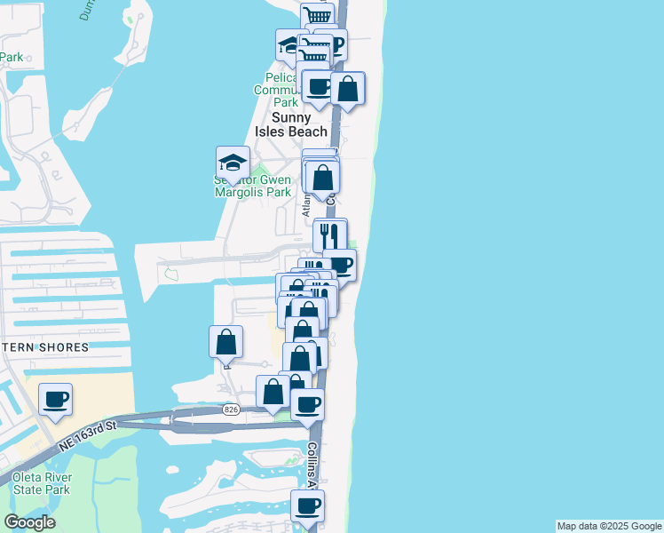 map of restaurants, bars, coffee shops, grocery stores, and more near 17315 Collins Avenue in Sunny Isles Beach