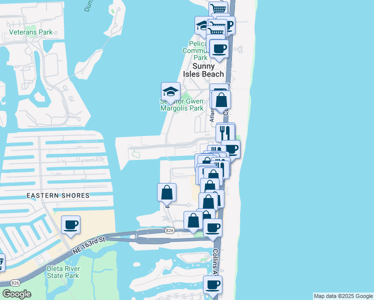 map of restaurants, bars, coffee shops, grocery stores, and more near 17350 Collins Avenue in Sunny Isles Beach