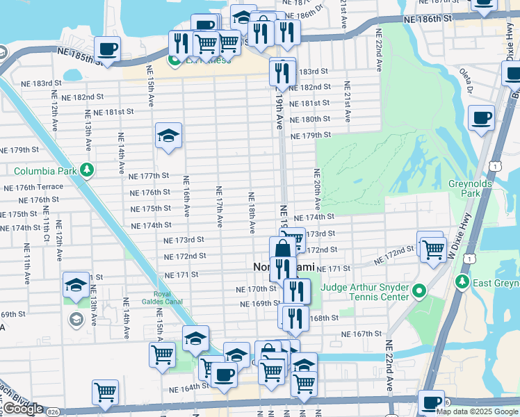 map of restaurants, bars, coffee shops, grocery stores, and more near 1798 Northeast 175th Street in North Miami Beach