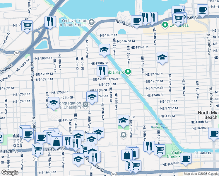 map of restaurants, bars, coffee shops, grocery stores, and more near 1121 Northeast 175th Street in North Miami Beach