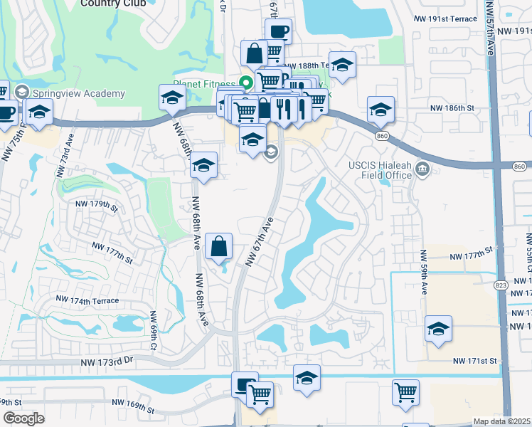map of restaurants, bars, coffee shops, grocery stores, and more near 17950 Northwest 67th Avenue in Hialeah