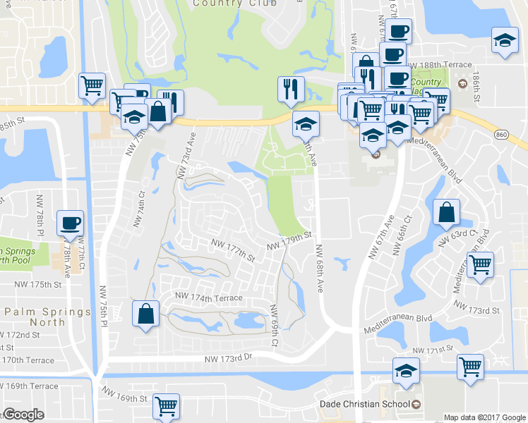 map of restaurants, bars, coffee shops, grocery stores, and more near 6865 Northwest 179th Street in Miami Gardens