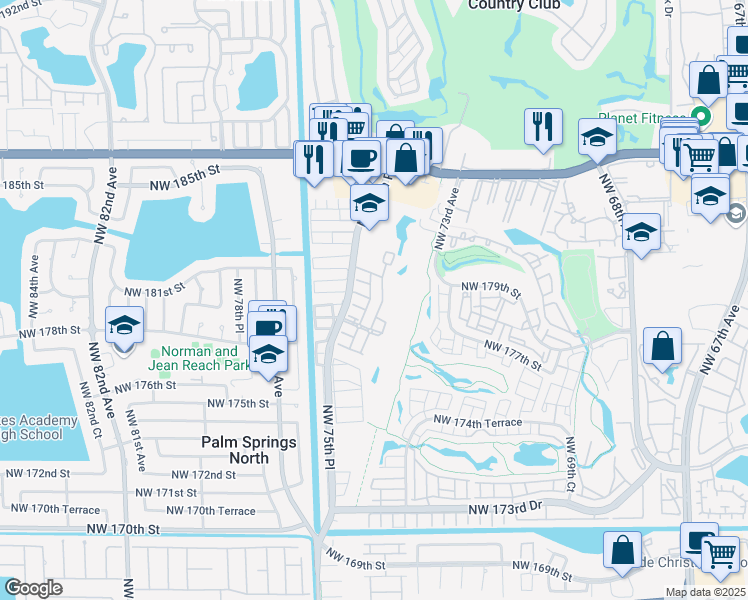 map of restaurants, bars, coffee shops, grocery stores, and more near 7459 Northwest 179th Terrace in Hialeah