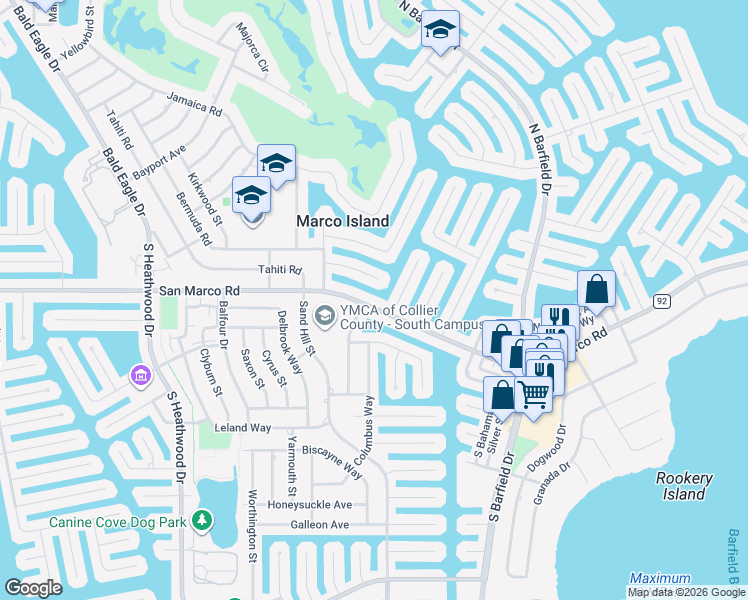 map of restaurants, bars, coffee shops, grocery stores, and more near 1565 San Marco Road in Marco Island