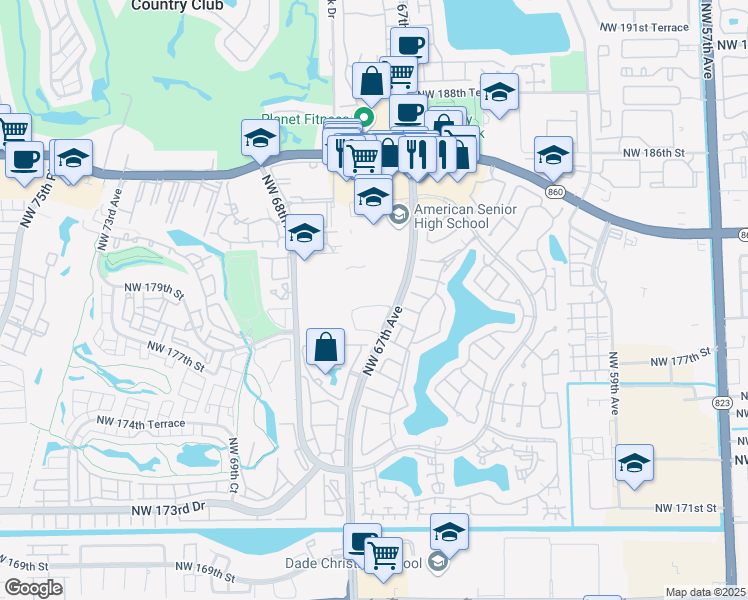 map of restaurants, bars, coffee shops, grocery stores, and more near 17950 Northwest 67th Avenue in Hialeah