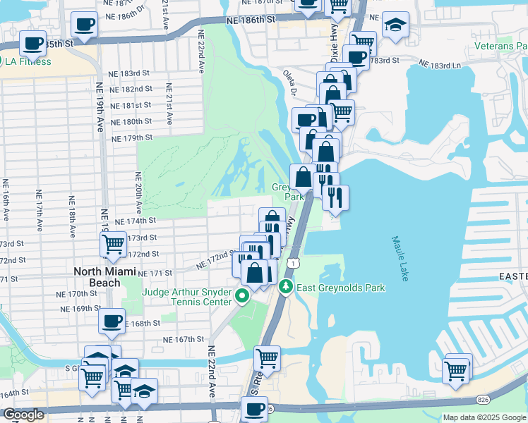 map of restaurants, bars, coffee shops, grocery stores, and more near 2375 Northeast 173rd Street in North Miami Beach