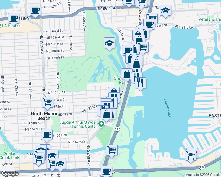 map of restaurants, bars, coffee shops, grocery stores, and more near 2375 Northeast 173rd Street in North Miami Beach