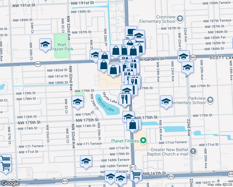 map of restaurants, bars, coffee shops, grocery stores, and more near 17821 Northwest 28th Court in Miami Gardens
