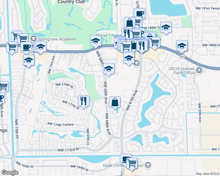 map of restaurants, bars, coffee shops, grocery stores, and more near 17911 Northwest 68th Avenue in Hialeah