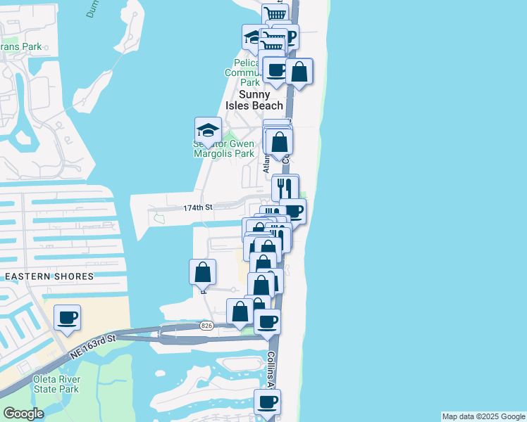 map of restaurants, bars, coffee shops, grocery stores, and more near 210 174th Street in Sunny Isles Beach