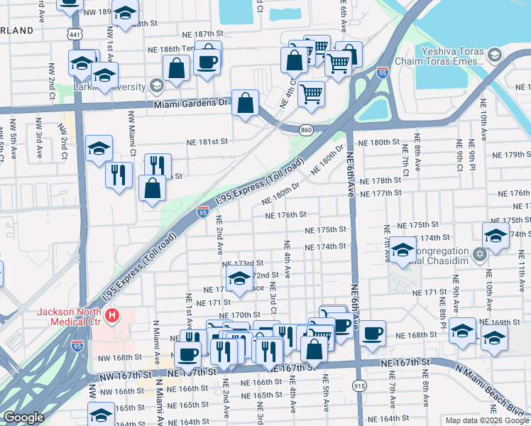 map of restaurants, bars, coffee shops, grocery stores, and more near 300 Northeast 176th Street in North Miami Beach