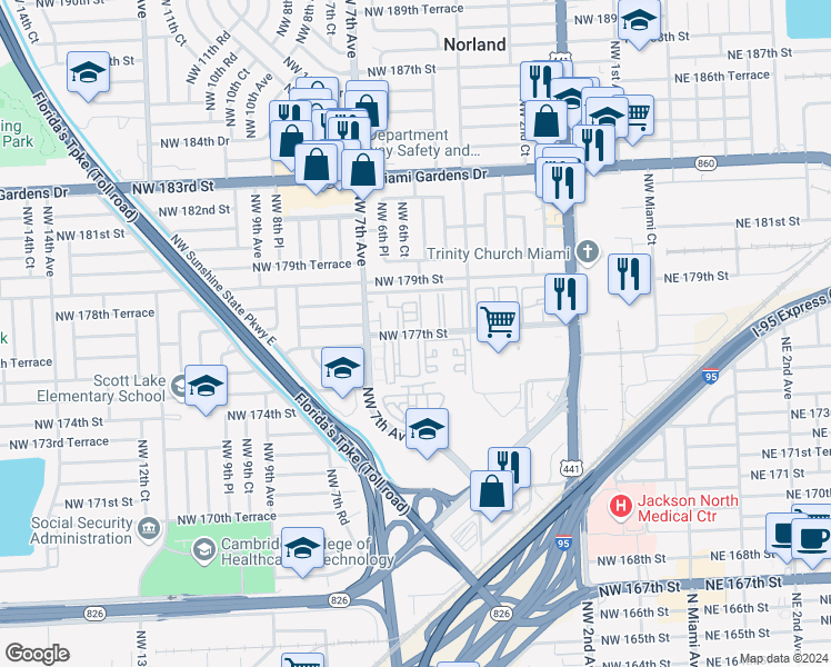 map of restaurants, bars, coffee shops, grocery stores, and more near 660 Northwest 177th Street in Miami Gardens
