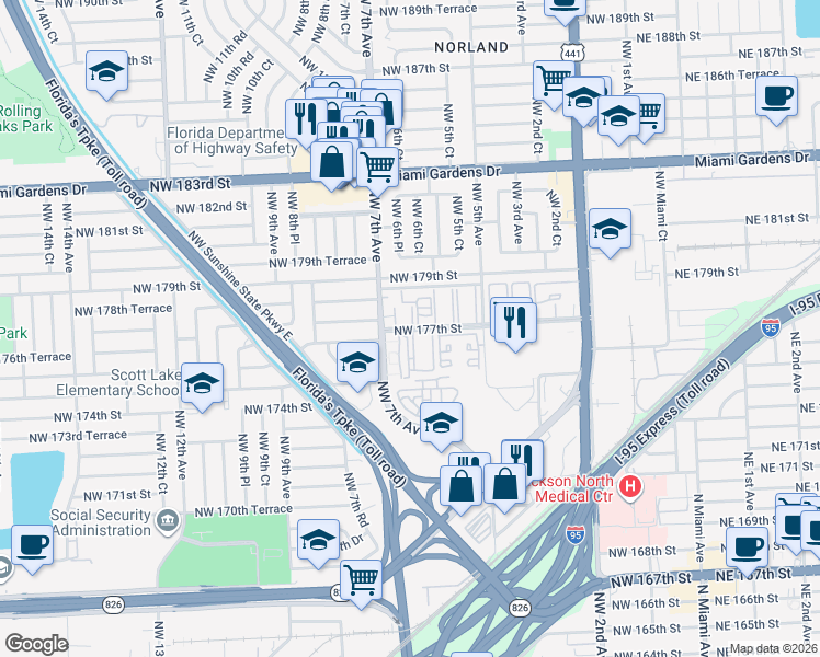 map of restaurants, bars, coffee shops, grocery stores, and more near in Miami Gardens