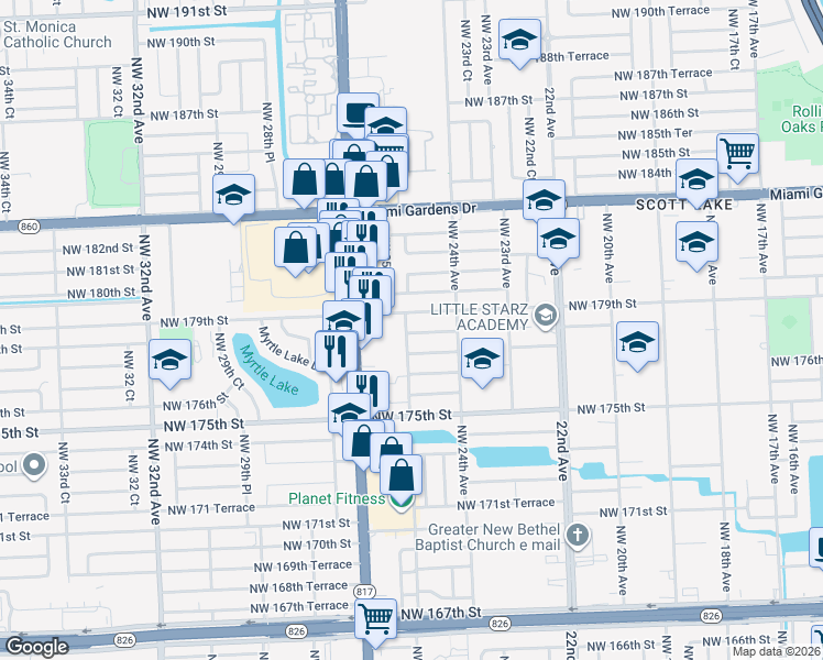 map of restaurants, bars, coffee shops, grocery stores, and more near 2462 Northwest 178th Terrace in Miami Gardens