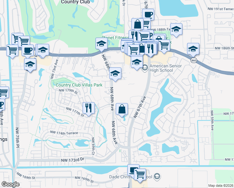 map of restaurants, bars, coffee shops, grocery stores, and more near 17911 Northwest 68th Avenue in Hialeah