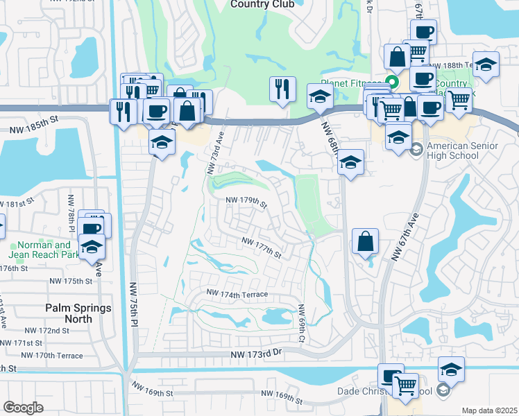 map of restaurants, bars, coffee shops, grocery stores, and more near 7080 Northwest 179th Street in Hialeah