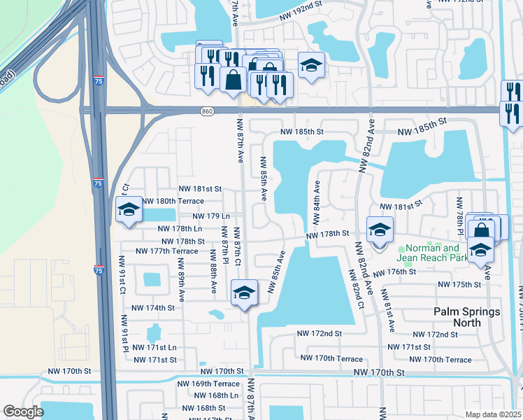 map of restaurants, bars, coffee shops, grocery stores, and more near 17941 Northwest 86th Avenue in Hialeah