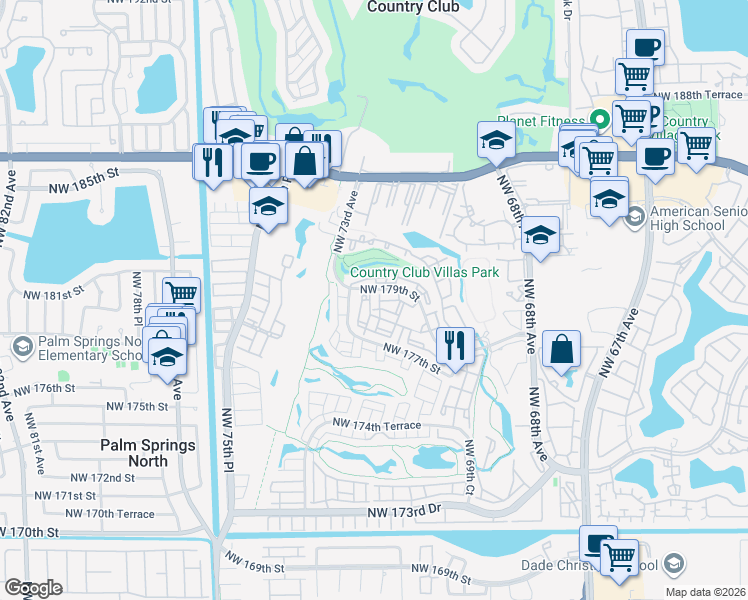map of restaurants, bars, coffee shops, grocery stores, and more near 7210 Northwest 179th Street in Hialeah
