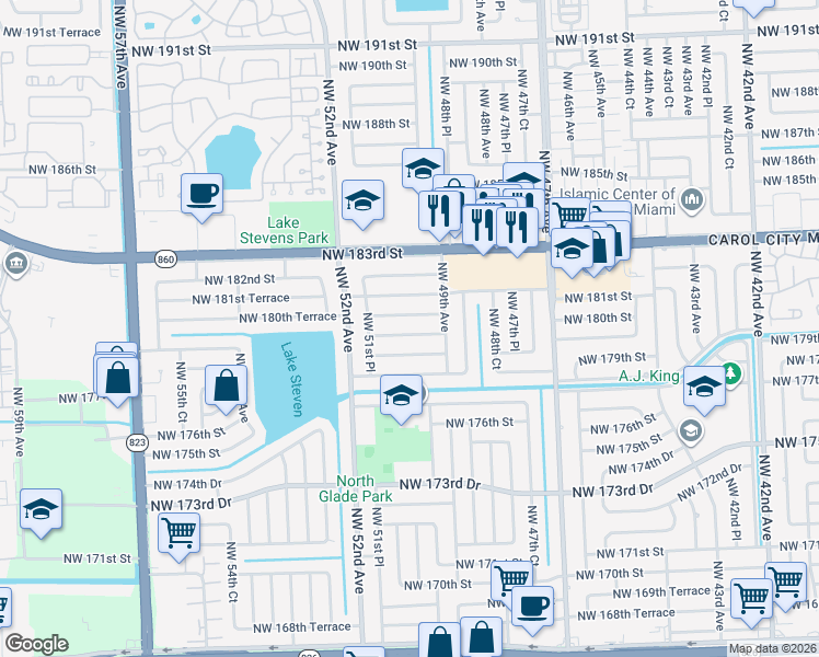 map of restaurants, bars, coffee shops, grocery stores, and more near 4952 Northwest 179th Terrace in Miami Gardens