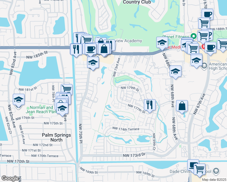 map of restaurants, bars, coffee shops, grocery stores, and more near 17720 Northwest 73rd Avenue in Hialeah