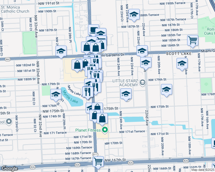 map of restaurants, bars, coffee shops, grocery stores, and more near 2462 Northwest 178th Terrace in Miami Gardens